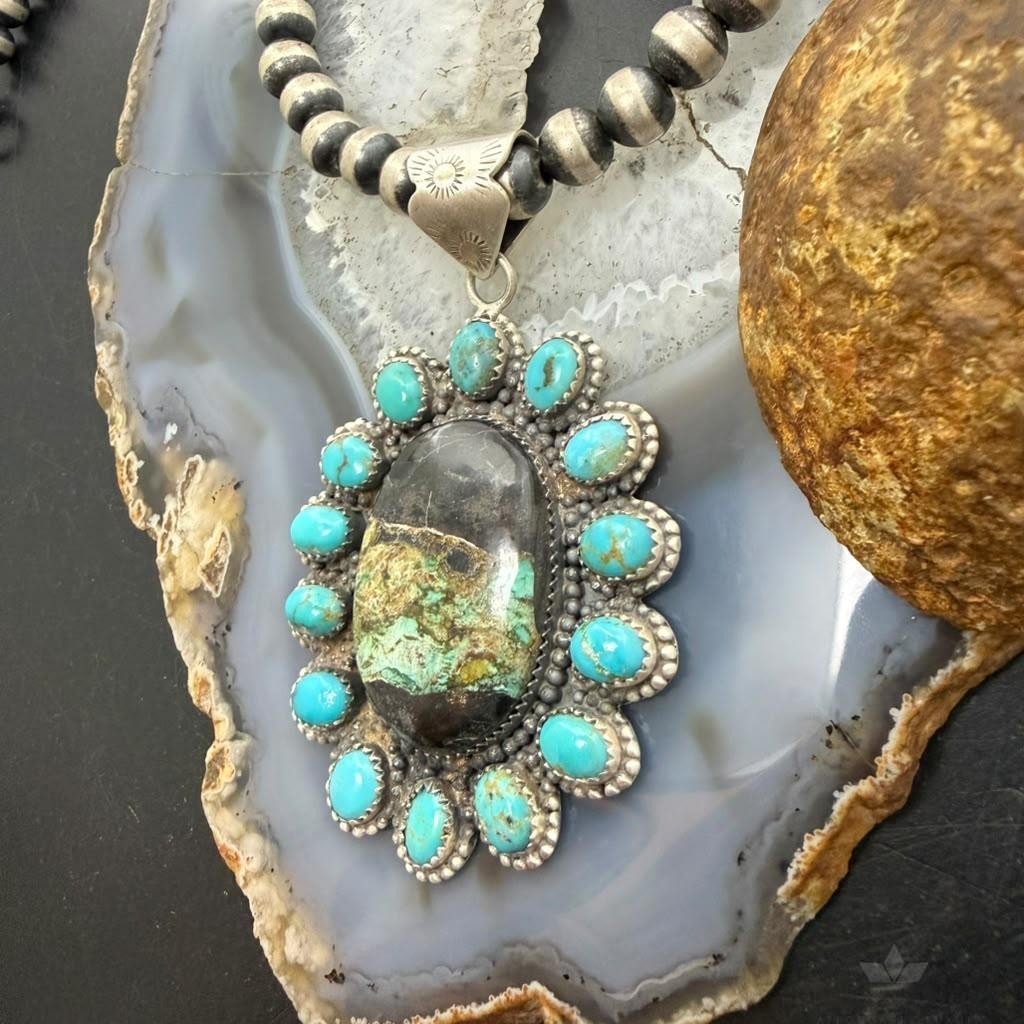 Sterling Silver Southwestern Style Blackjack & Kingman Turquoise Pendant For Women