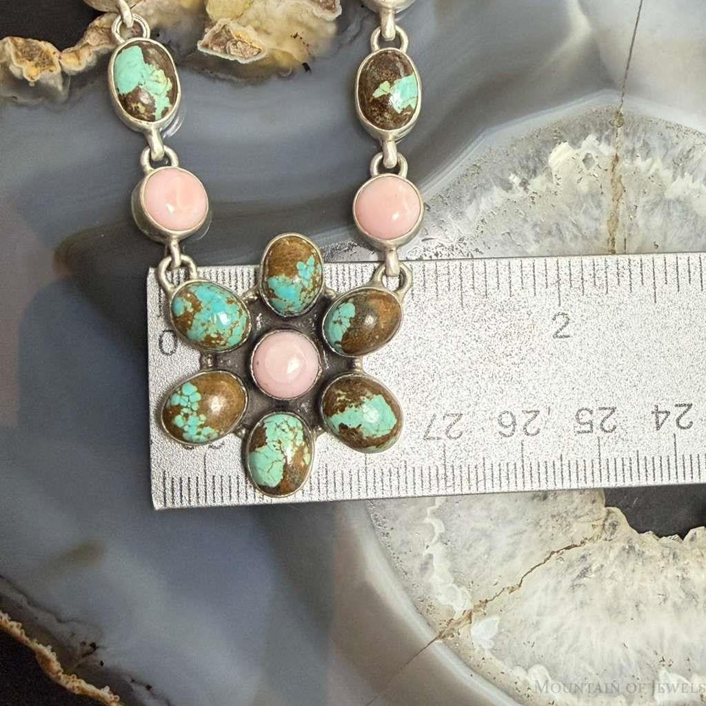 Sterling Silver Southwestern Style Turquoise &Pink Conch 20" Cluster Necklace For Women