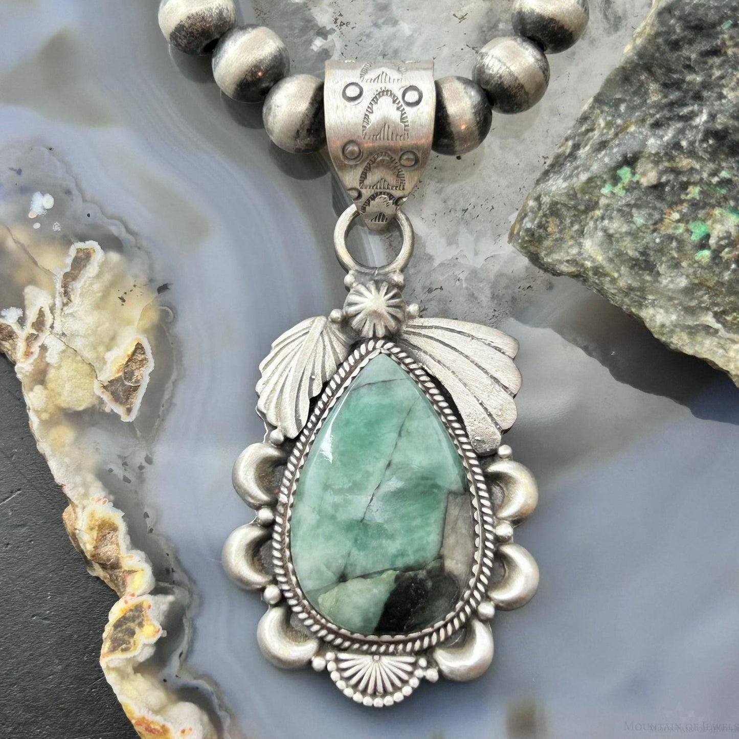 Sterling Silver Southwestern Style Teardrop Emerald Decorated Pendant For Women