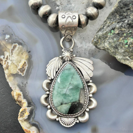Sterling Silver Southwestern Style Teardrop Emerald Decorated Pendant For Women