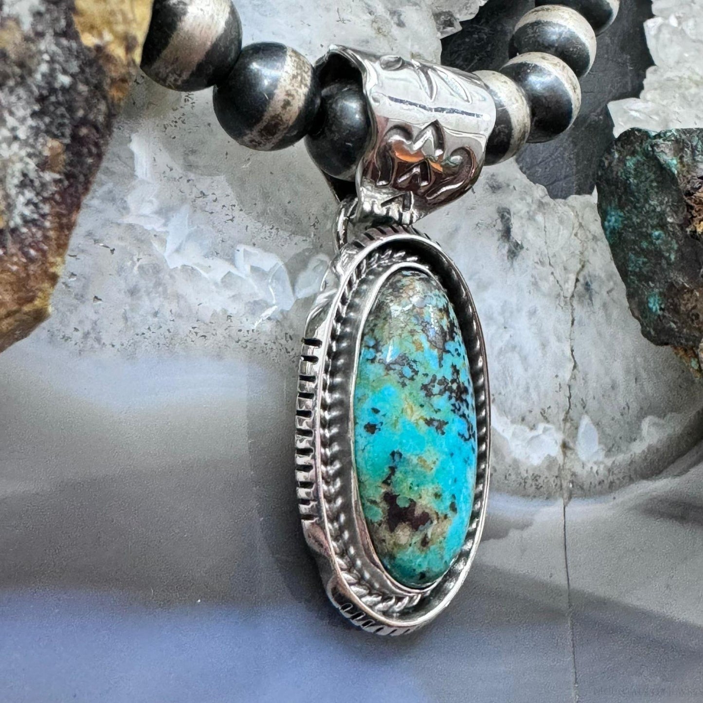 Native American Sterling Silver Elongated Oval Turquoise #8 Pendant For Women