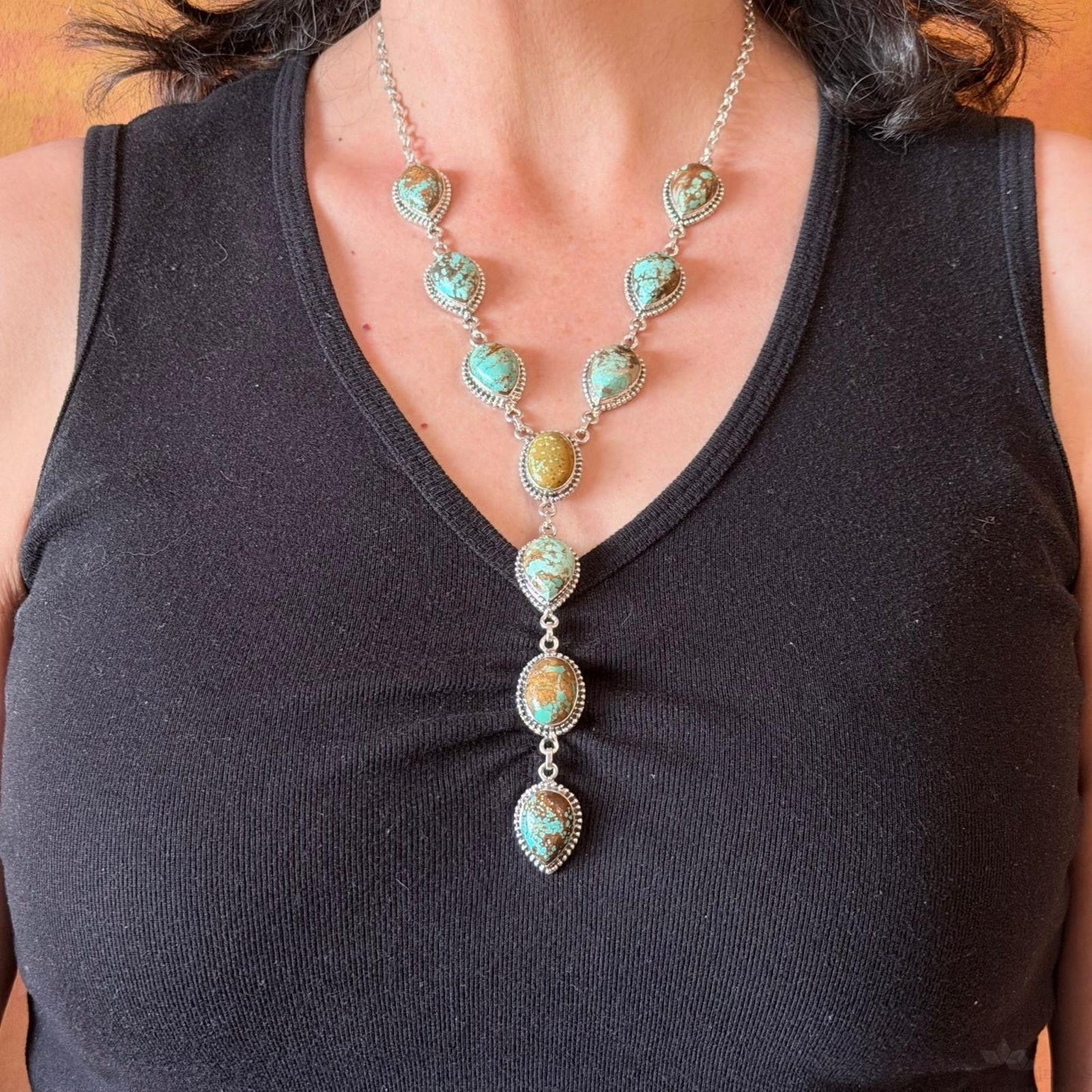 Sterling Silver Southwestern Style Turquoise #8 Cluster Lariat 28" Necklace For Women