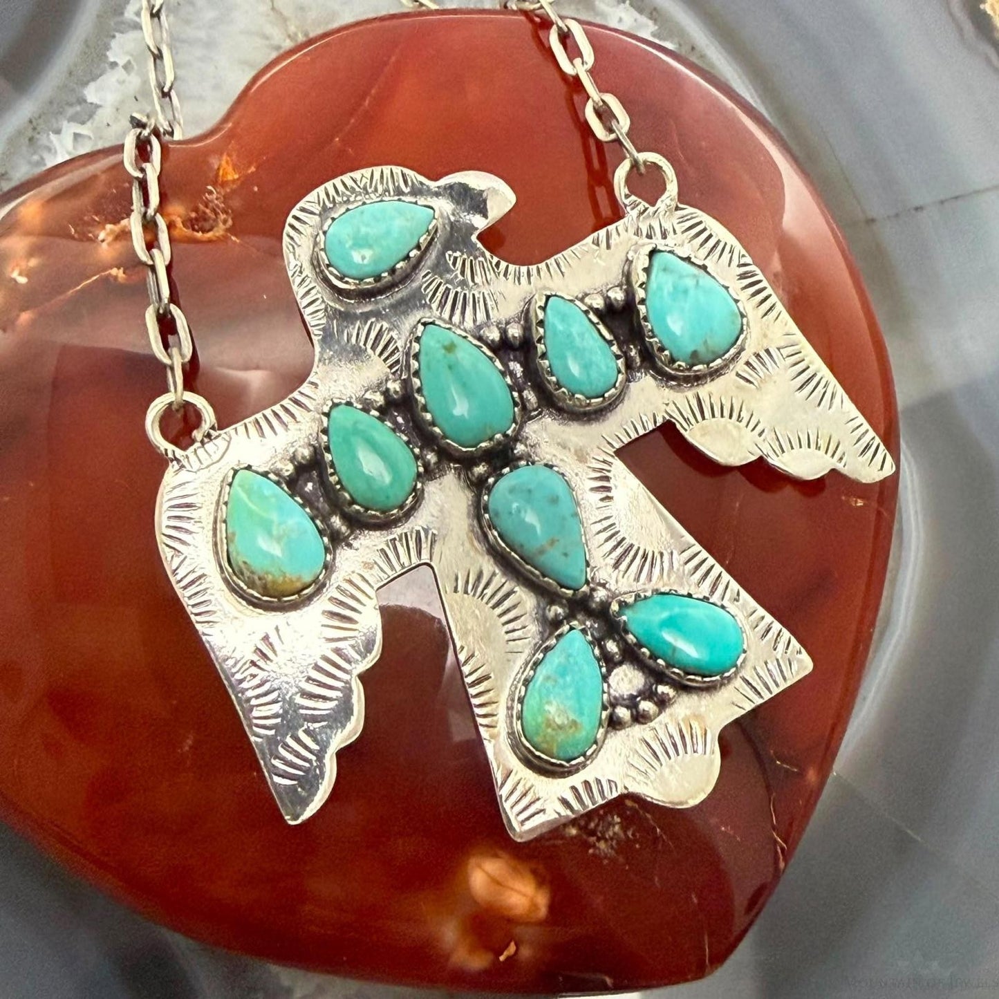 Sterling Southwestern Style Kingman Turquoise Thunderbird Pendant Necklace #4