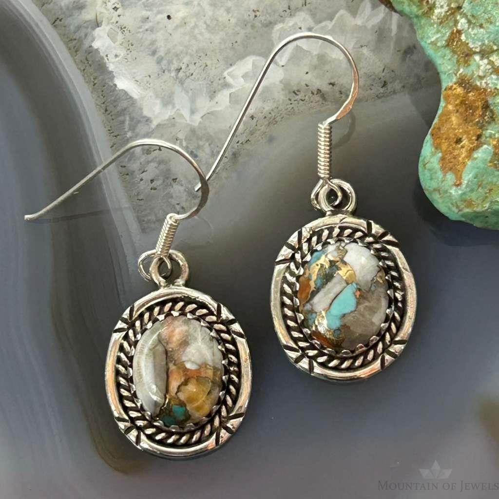 Sterling Silver Southwestern Style Spiny Oyster Turquoise Dangle Earrings For Women