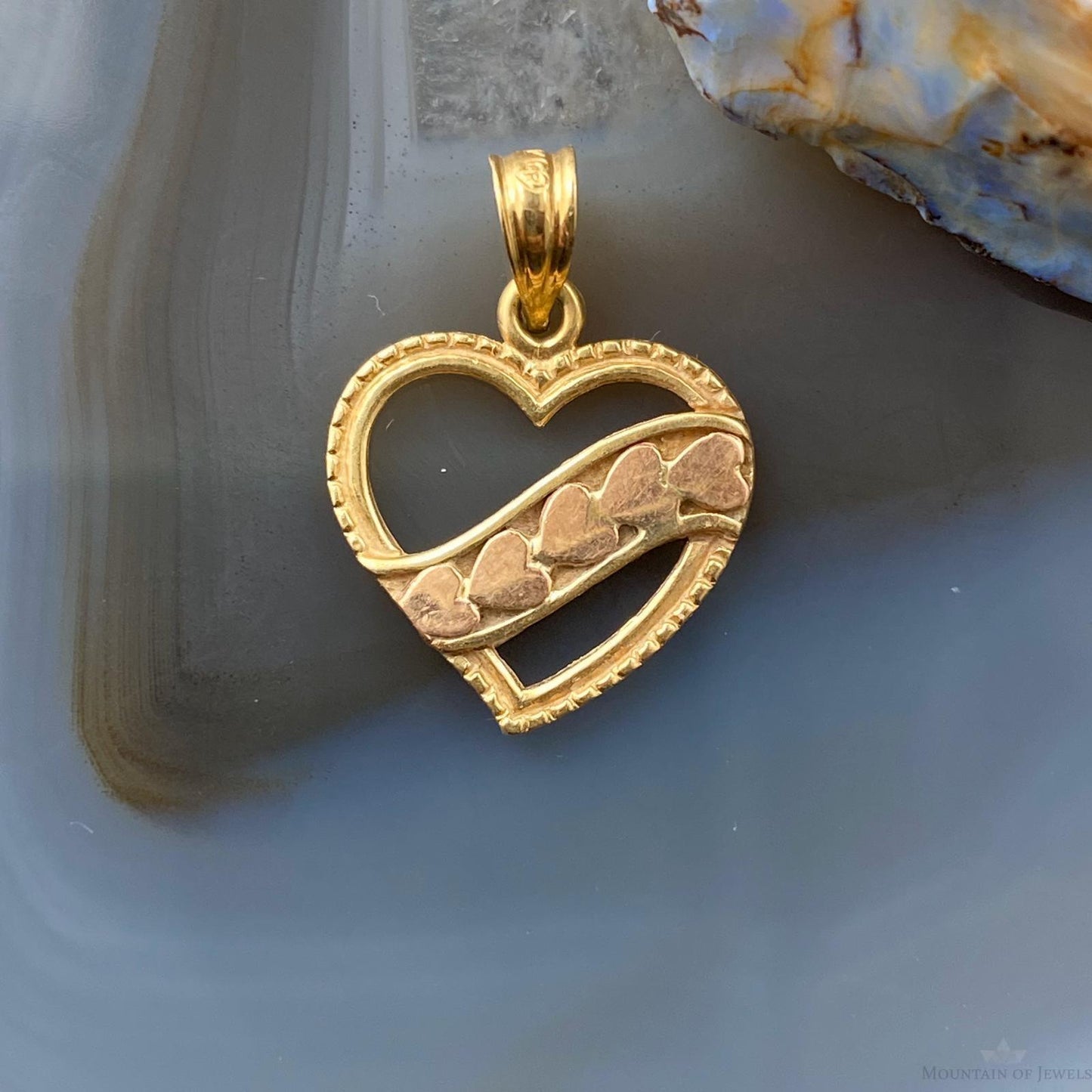 14K Yellow Gold Double Sided Heart Shape "XOXO" and Hearts Dainty Pendant