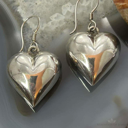 Silver Puff Heart Dangle Earrings For Women