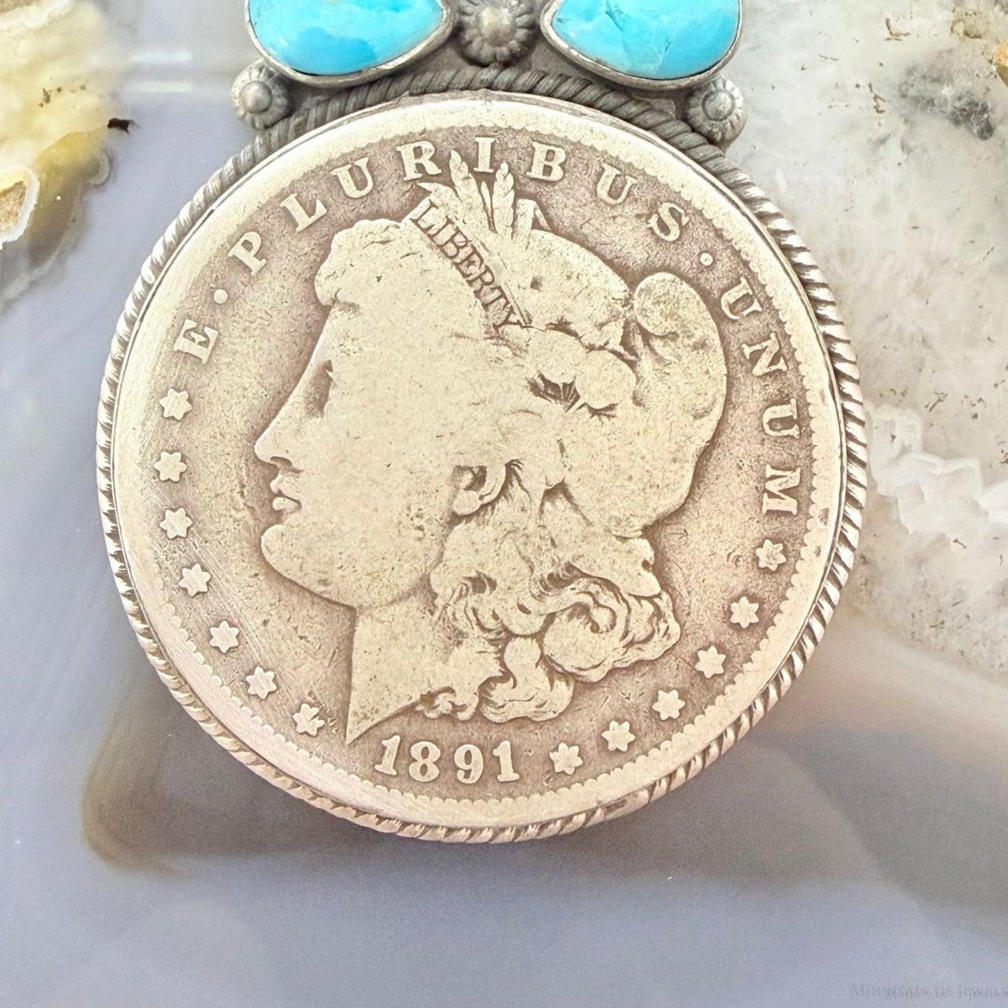 Genuine 1891 90% Silver Morgan Dollar Coin Teardrop Turquoise Decorated Pendant