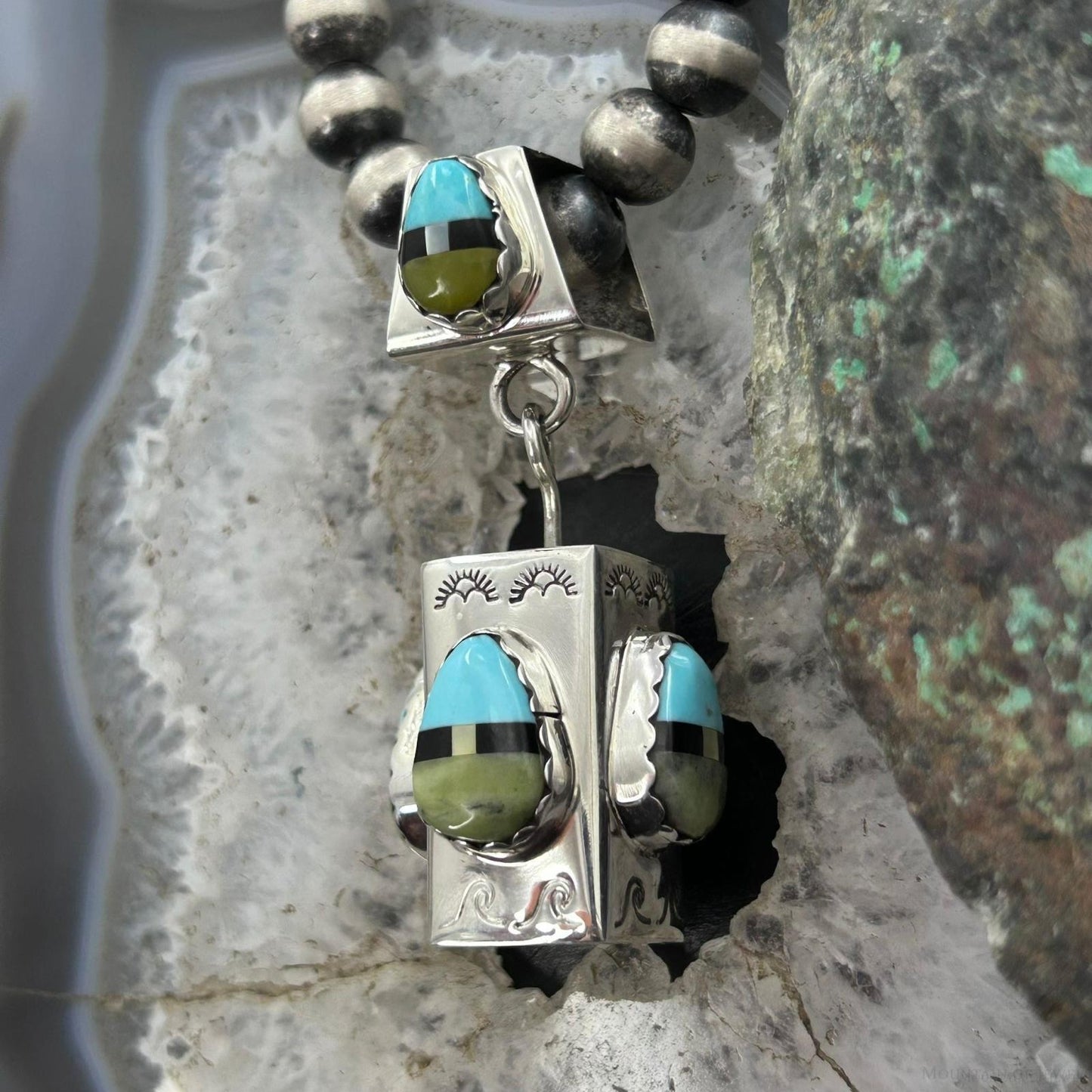 Cliffton Aguilar Santo Domingo Sterling Silver Multistone Decorated Rectangular Pendant