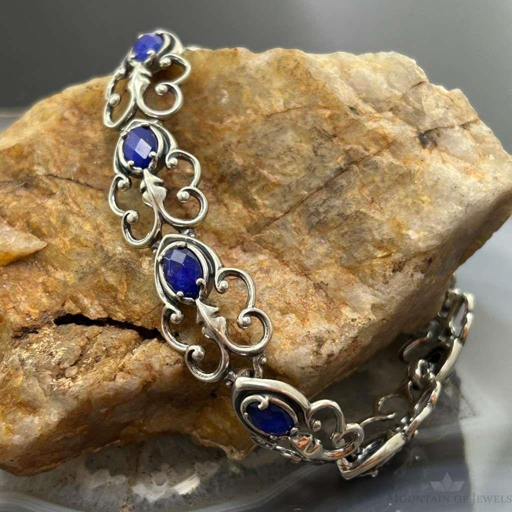 Carolyn Pollack Sterling Silver Oval Faceted Lapis Decorated Link Bracelet For Women