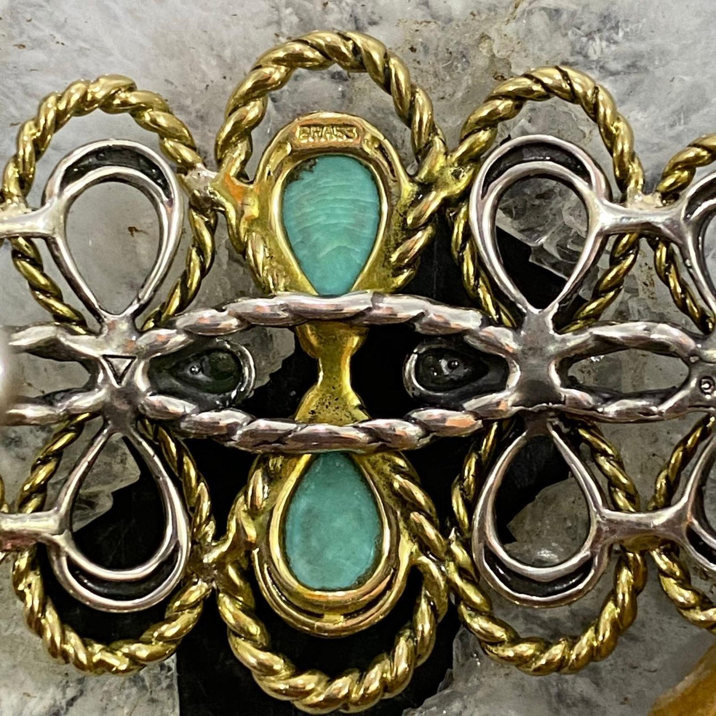 Carolyn Pollack Sterling Silver & Brass 2 Turquoise Decorated Bracelet For Women