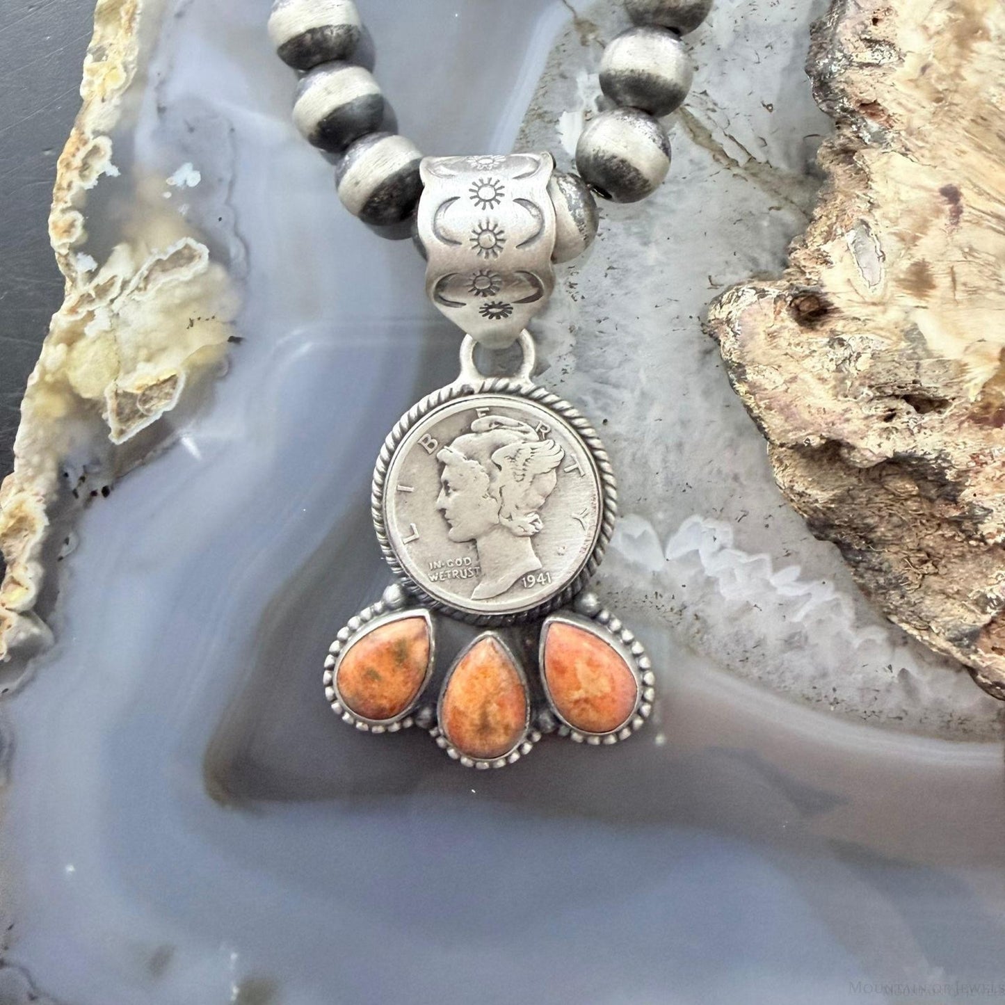 Genuine 1941 90% Silver Mercury Dime Coin w/Teardrop Spiny Oyster Unisex Pendant