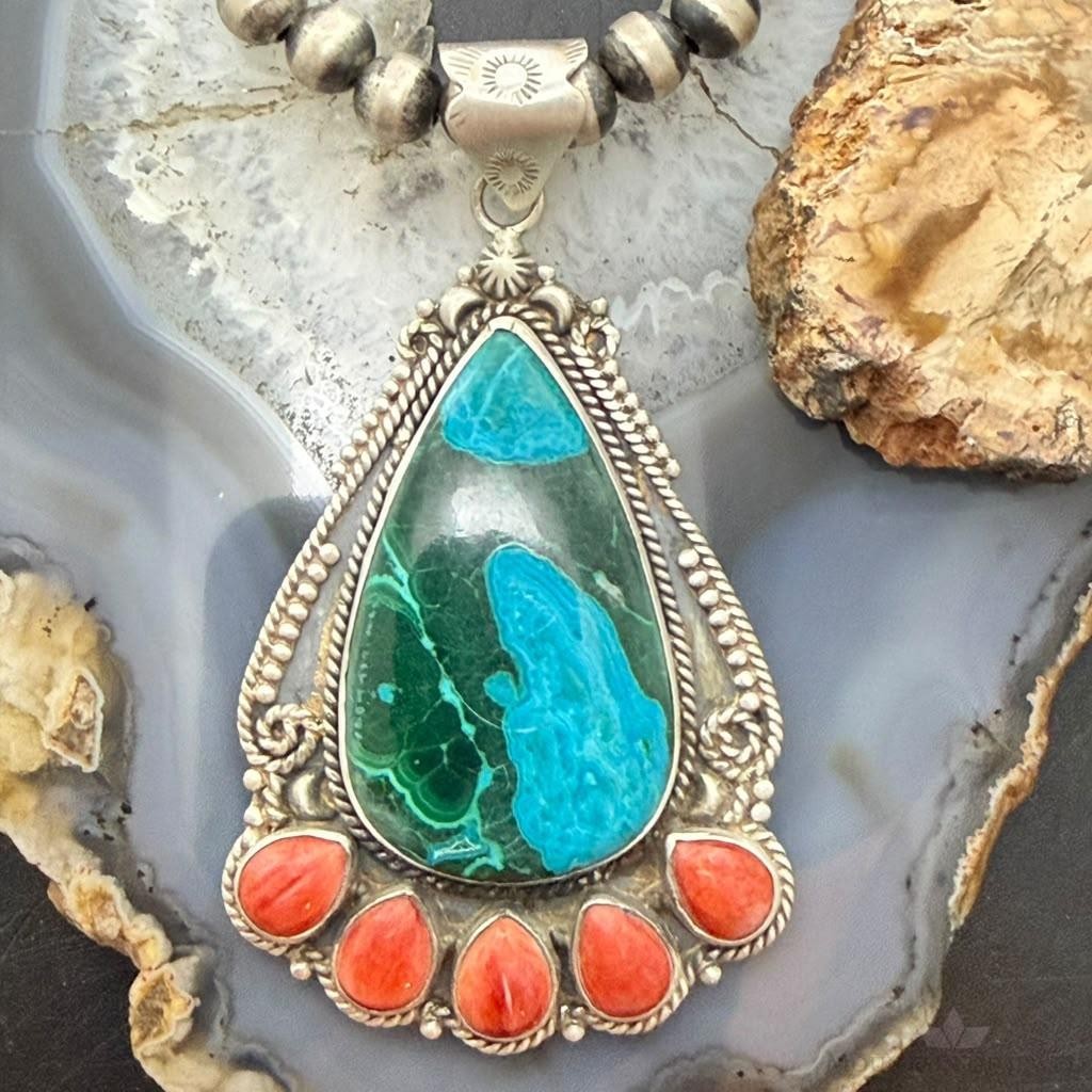 Sterling Silver Southwestern Style Teardrop Malachite Chrysocolla & Spiny Oyster Pendant For Women