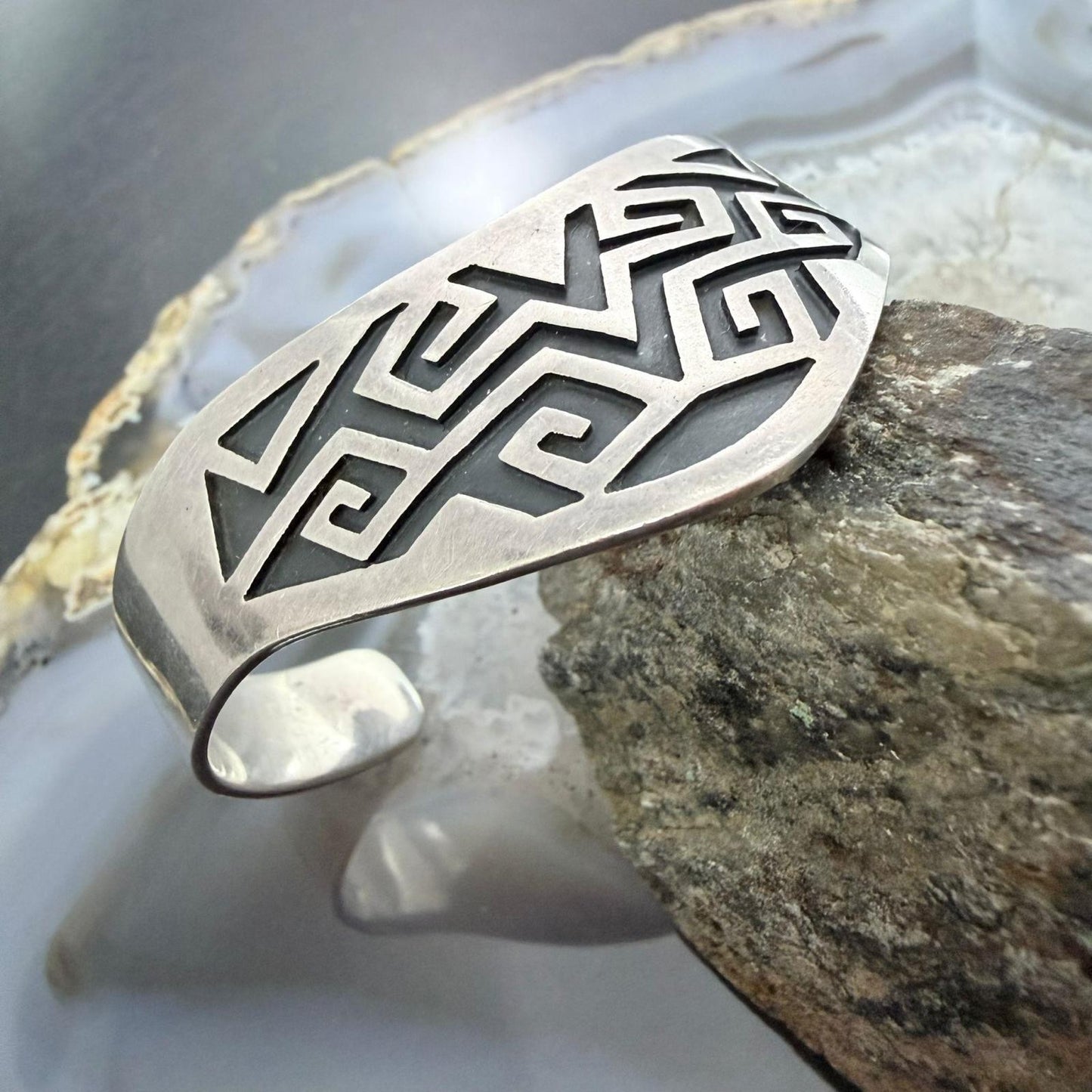 Vintage Sterling Silver Geometrical Motif Overlay Bracelet For Women, Taxco Mexico