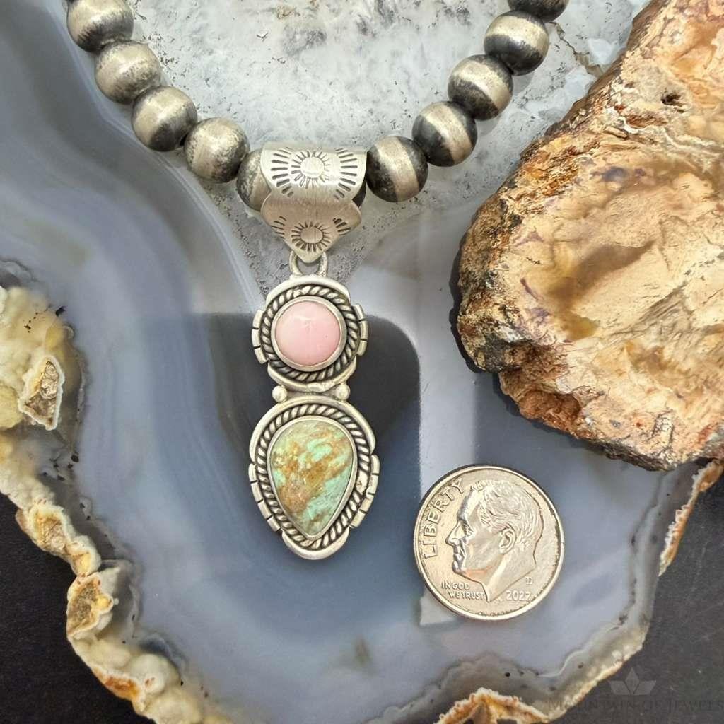 Sterling Silver Southwestern Style Pink Conch & Turquoise Pendant For Women #3