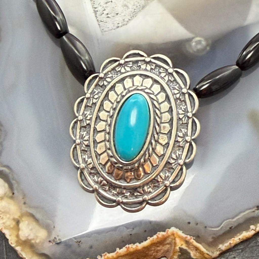 Carolyn Pollack Sterling Silver Turquoise Concho Pendant on Onyx Beads Necklace For Women