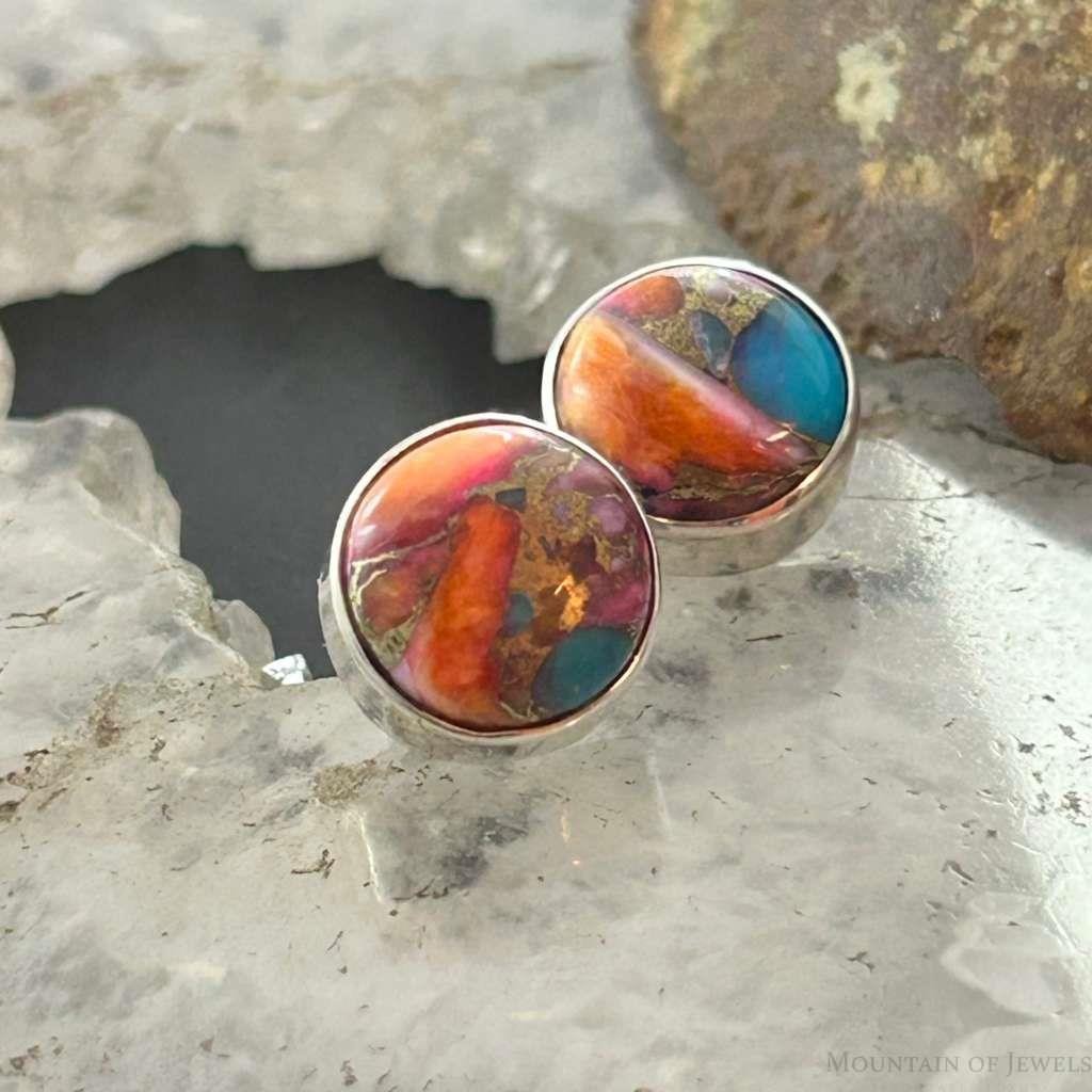 Sterling Silver Southwestern Style Rounded Spiny Oyster Turquoise Stud Earrings