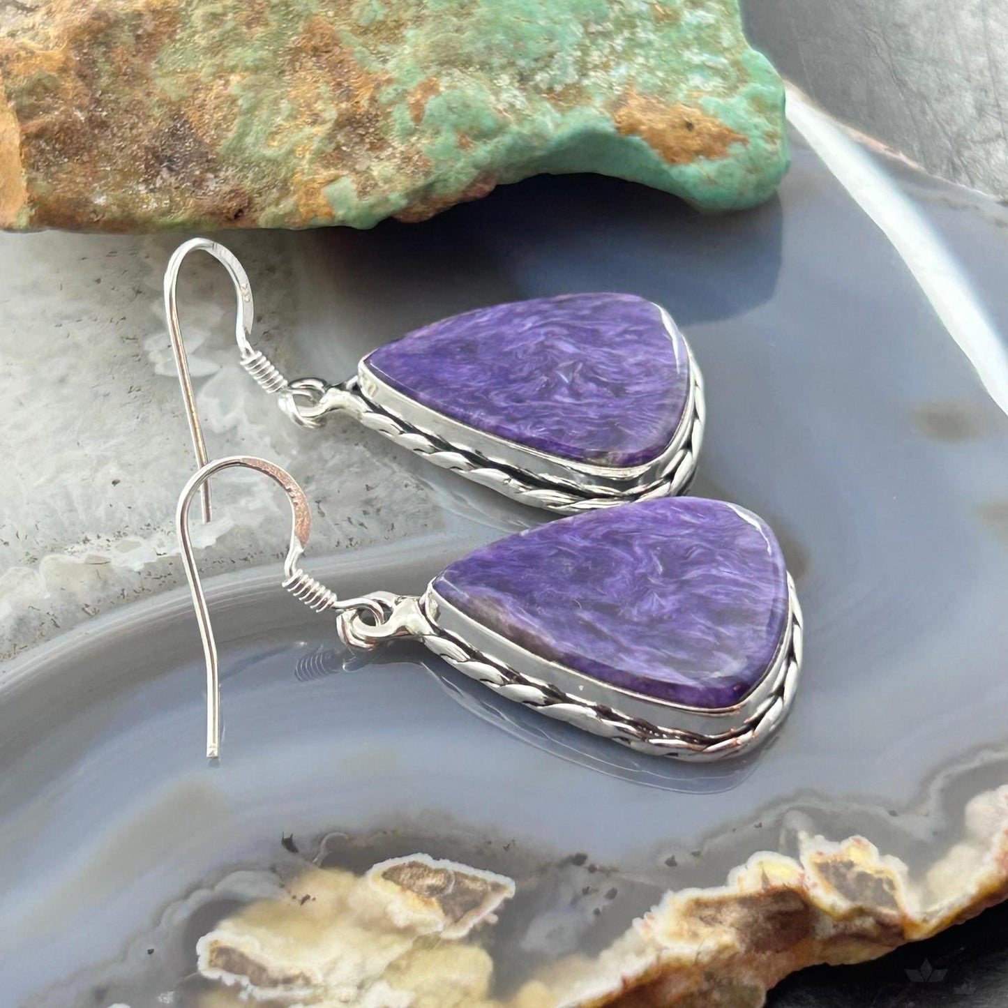 Sterling Silver Southwestern Style Teardrop Charoite Dangle Earrings For Women
