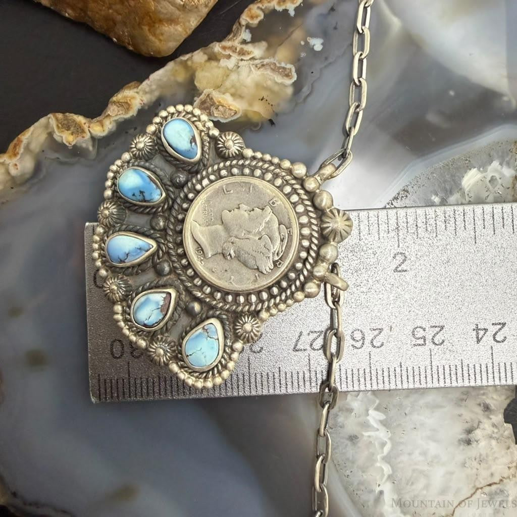 Sterling Silver Southwestern Style 1942 Mercury Dime & Golden Hill Turquoise Necklace For Women
