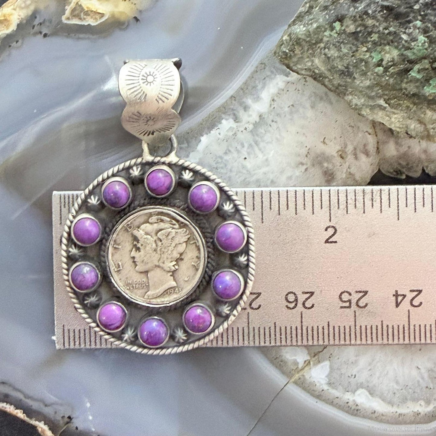 Genuine 1943 90% Silver Mercury Dime Coin w/Purple Dahlia Unisex Decorated Pendant