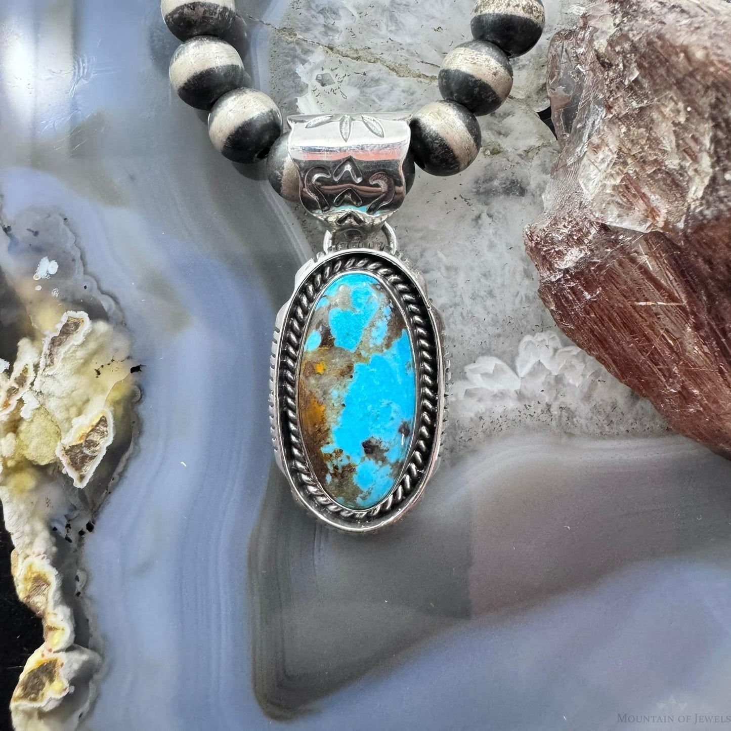 Native American Sterling Silver Elongated Oval Turquoise Unisex Pendant #2