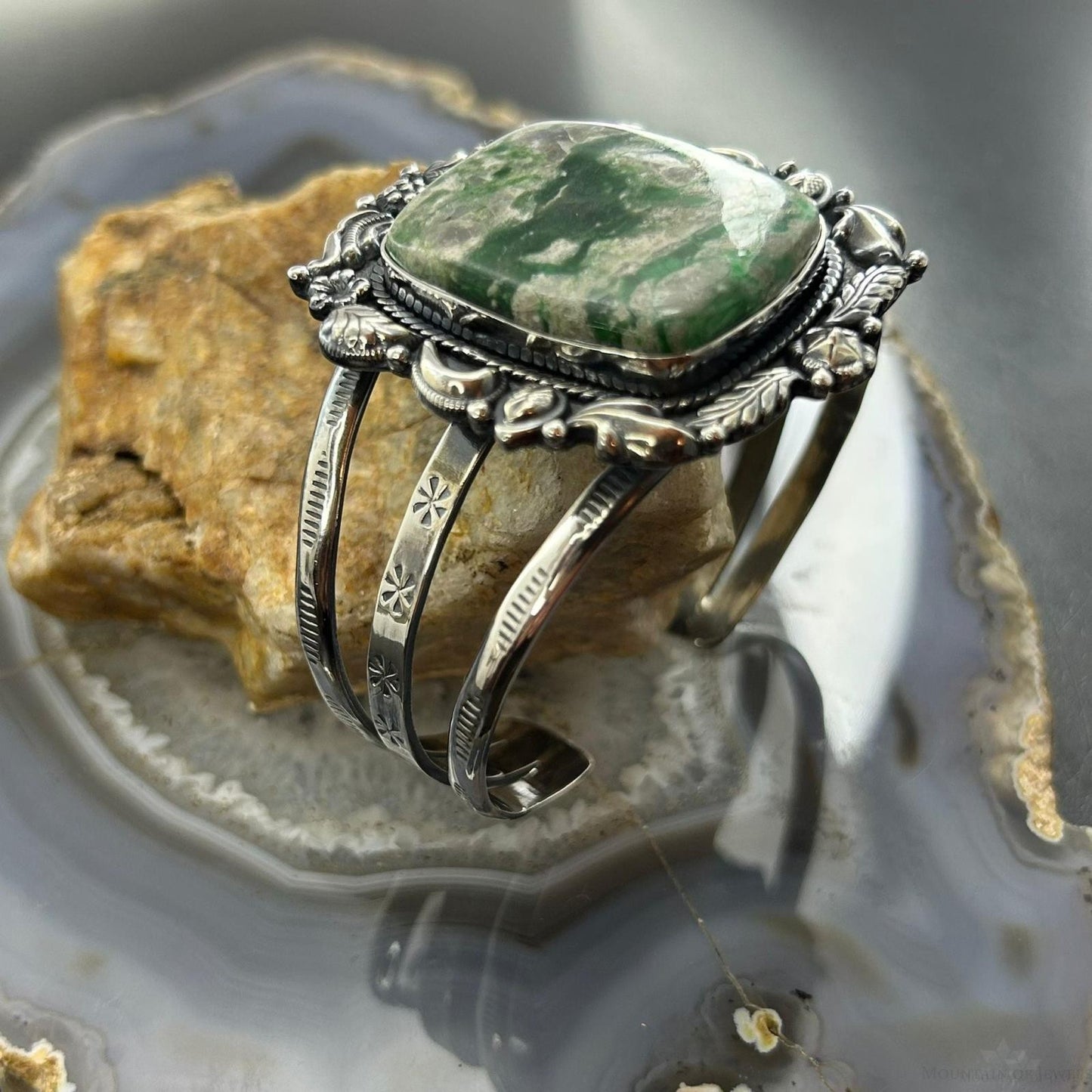 Sterling Silver Southwestern Style Square Variscite Decorated Bracelet For Women