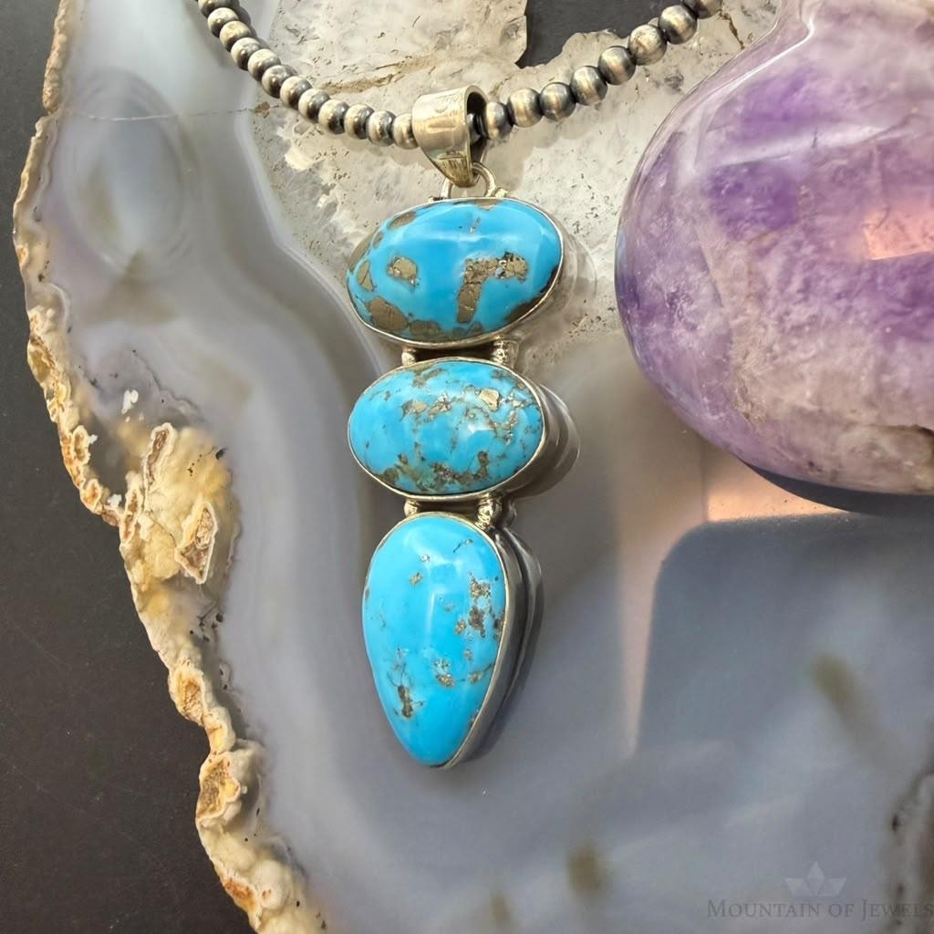 Sterling Silver Southwestern Style 3 Kingman Turquoise Pendant For Women #3