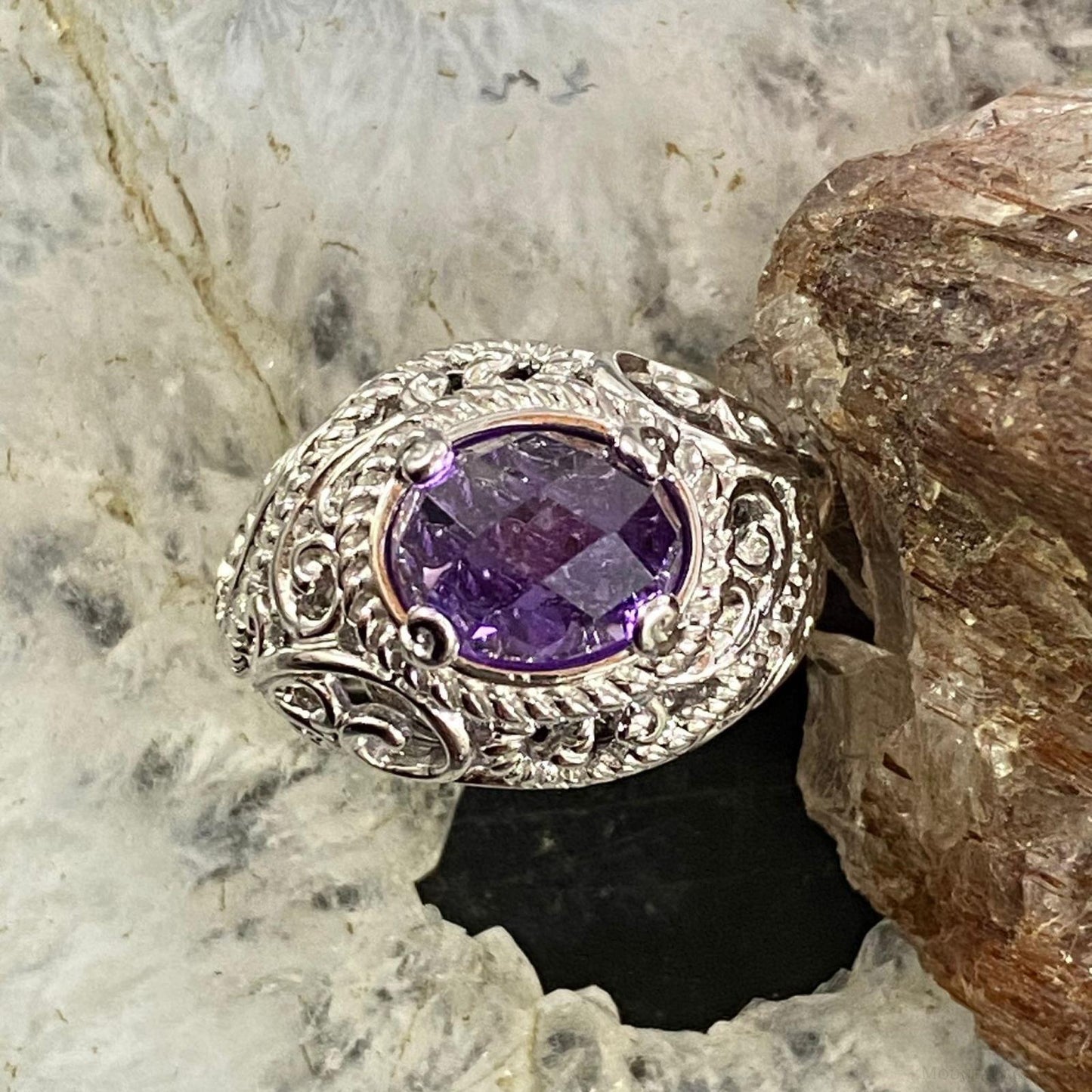 Carolyn Pollack Sterling Silver Oval Faceted Amethyst Decorated Ring For Women