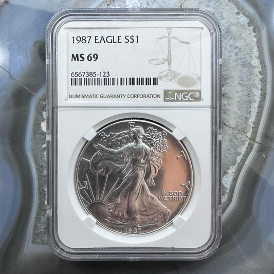 1987 US 1.0oz .999 Fine Silver American Silver Eagle NGC MS69 #6567385-123EG