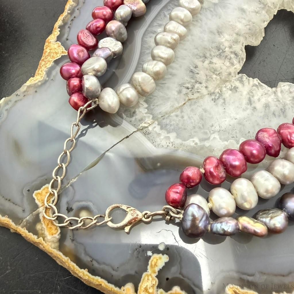 Sterling Silver 3 Strands Pink,Black,Gray Freshwater Pearl 17'-19" Necklace