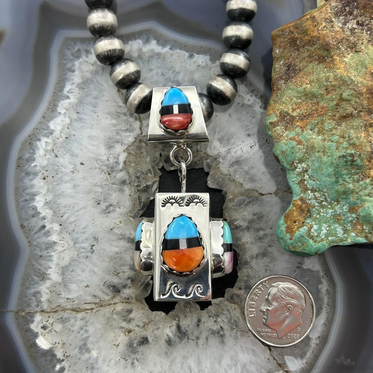 Cliffton Aguilar Santo Domingo Sterling Silver Decorated Multistone Rectangular Pendant