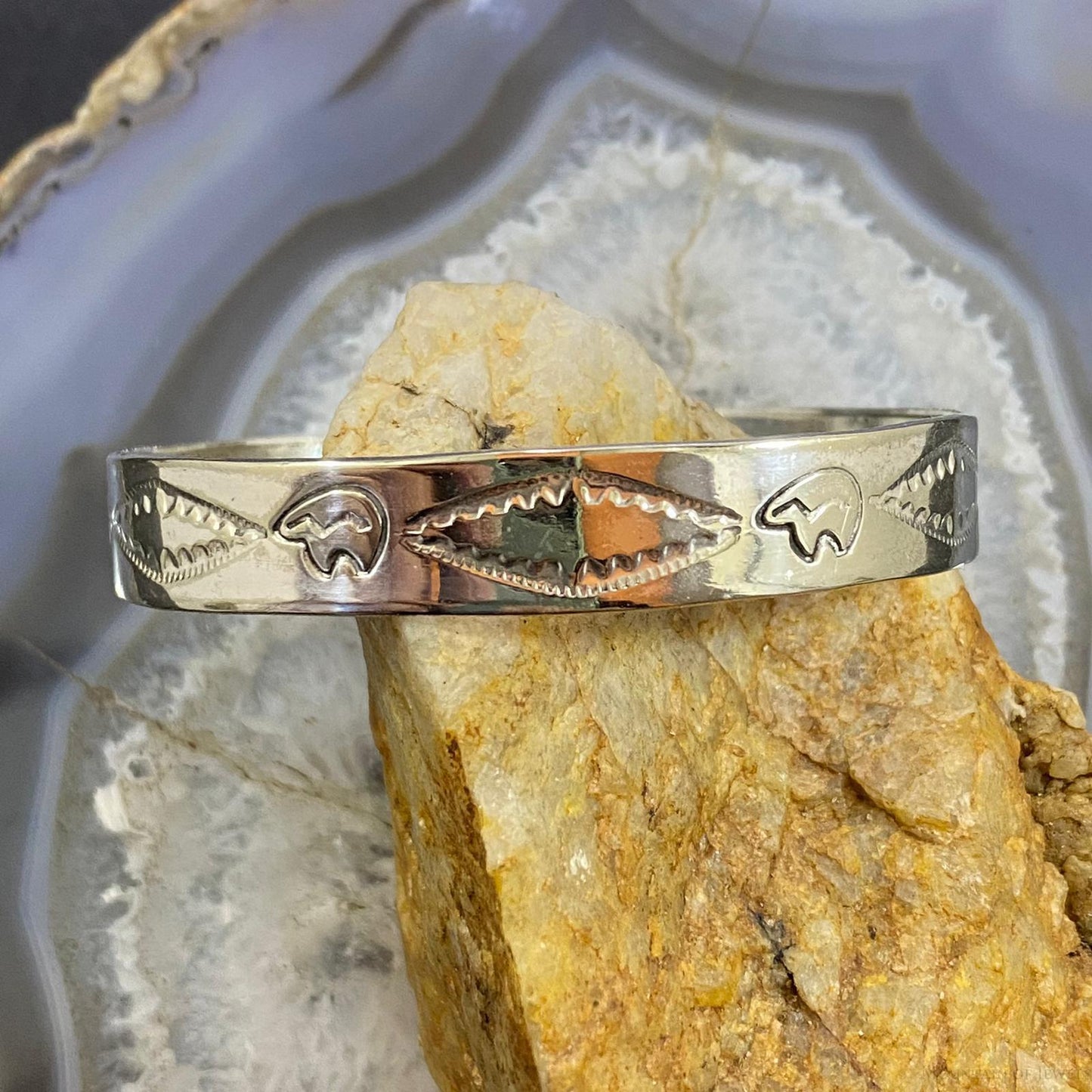Vintage Native American Sterling Silver Southwestern Motif Stamped Bracelet For Women