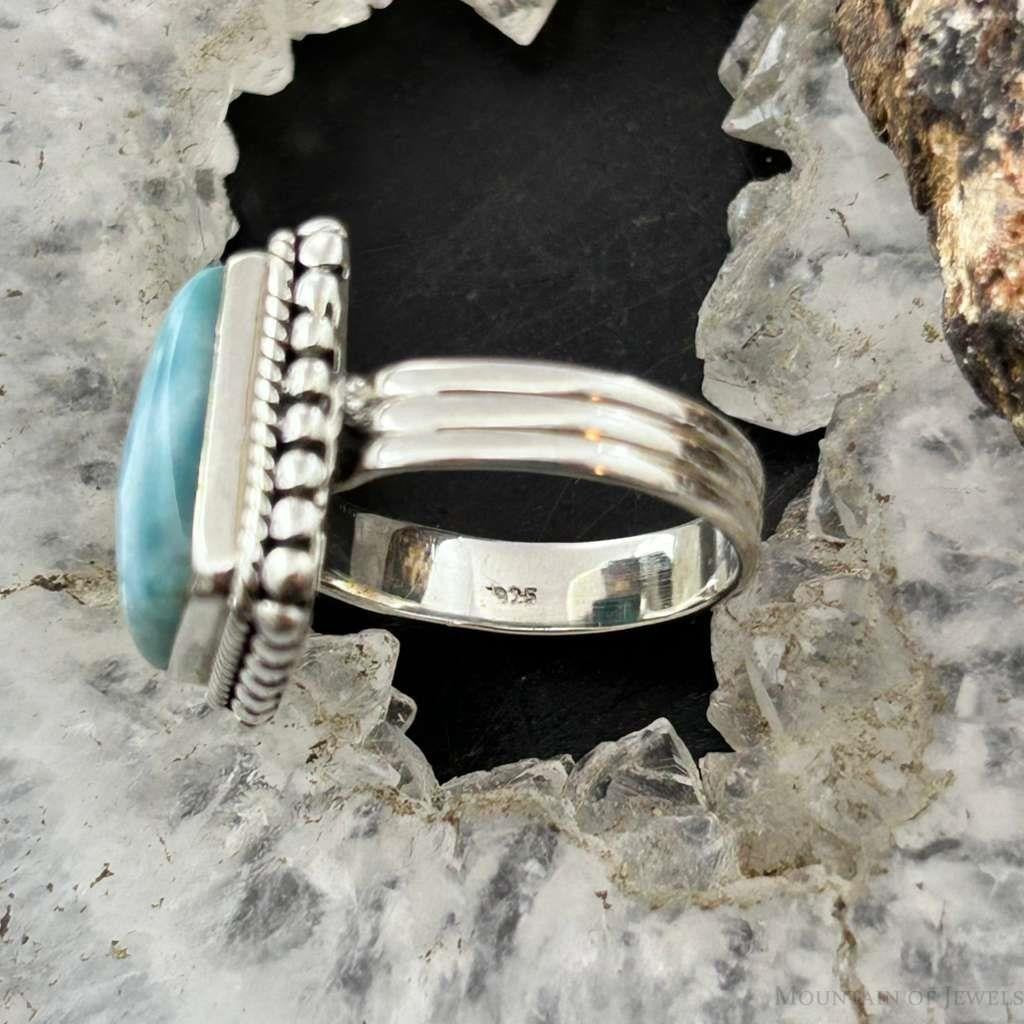 Sterling Silver Southwestern Style Larimar Decorated Bar Ring Size 6.5 For Women