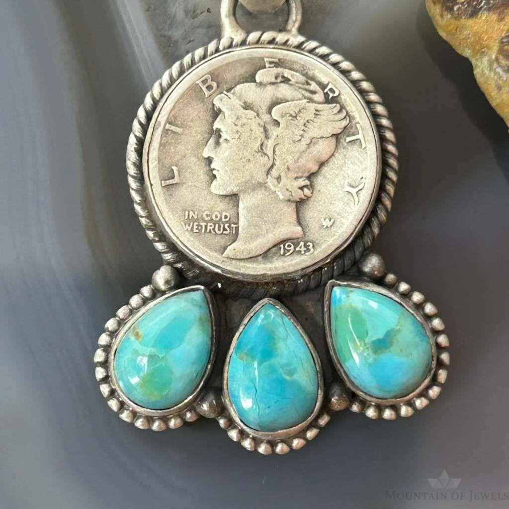 Genuine 1943 90% Silver Mercury Dime Coin w/Teardrop Turquoise Pendant #1
