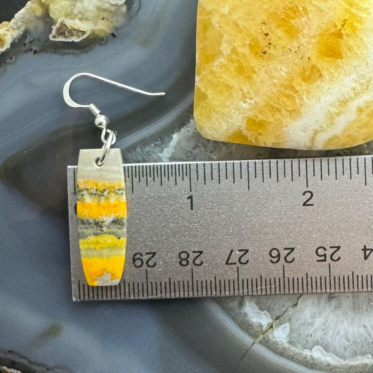 Sterling Silver Elongated Barrel Bumblebee Jasper Slab Dangle Earrings For Women #204