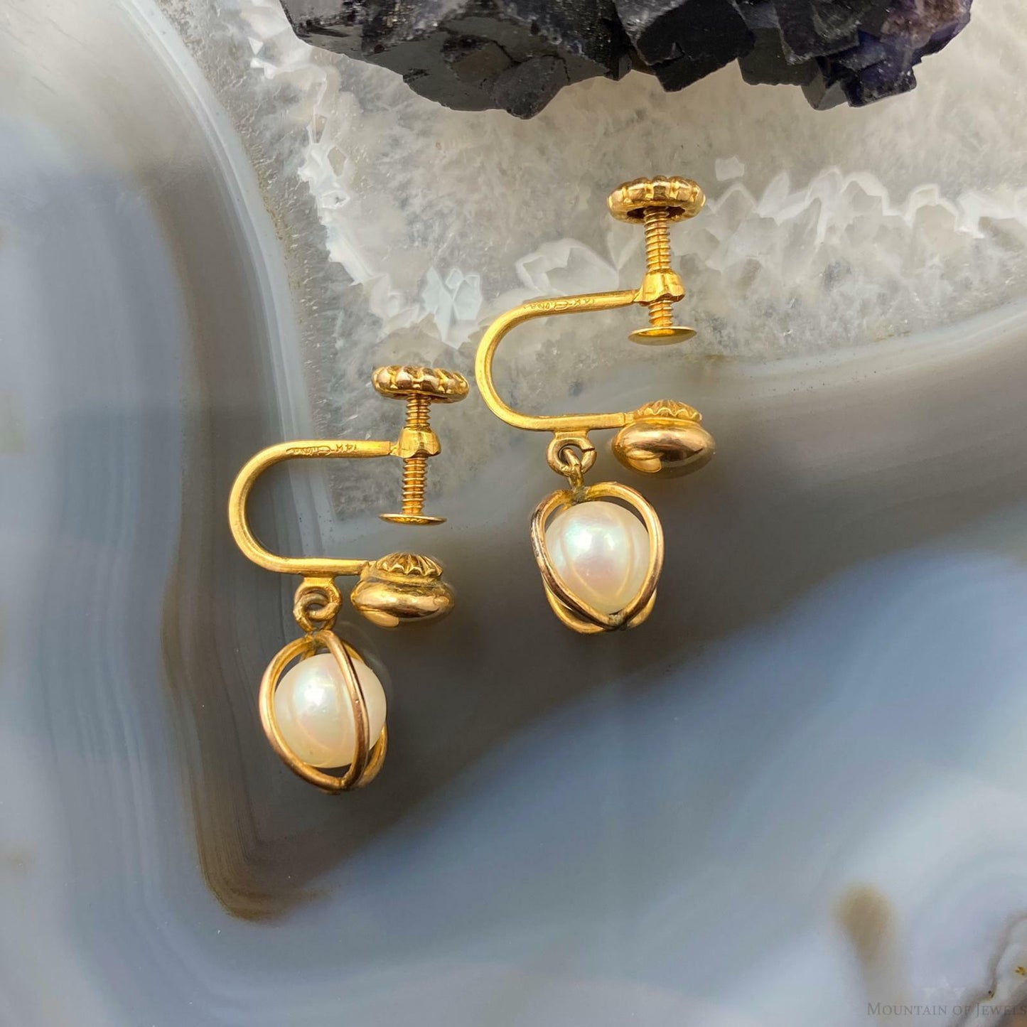 14K Yellow Gold Screw Back Pearl Stud Earrings For Women