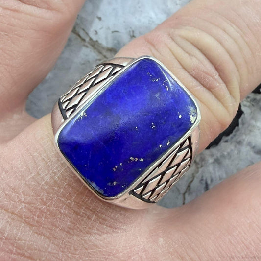 Native American Sterling Silver Lapis Decorated Bar Ring Size 11 For Men
