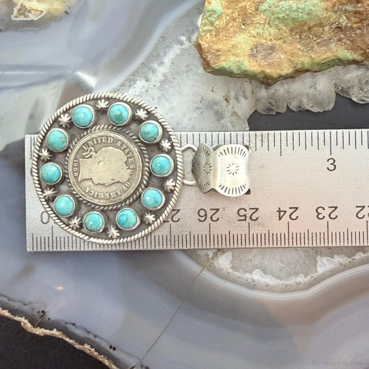 Genuine 1908 90% Silver Barber Head Dime Coin w/Mohave Turquoise Unisex Pendant