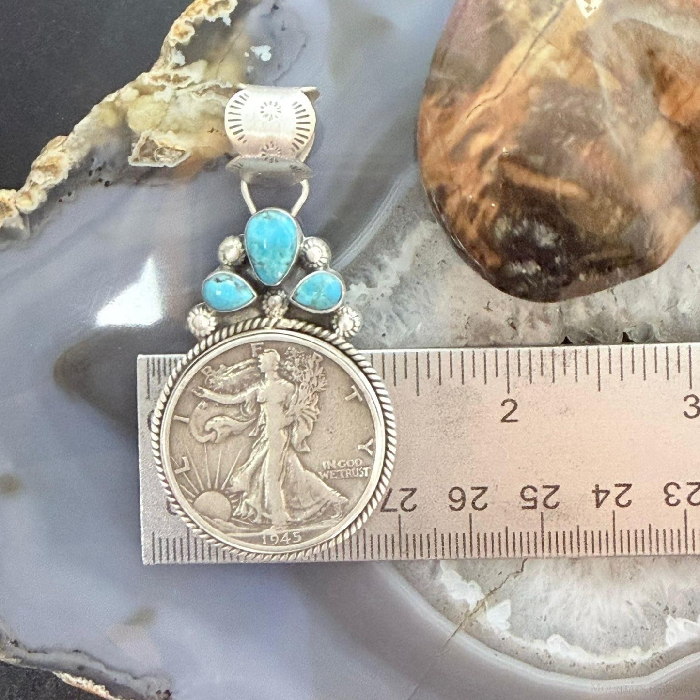 Genuine 1945 90% Walking Liberty Half Dollar Coin Turquoise Decorated Pendant