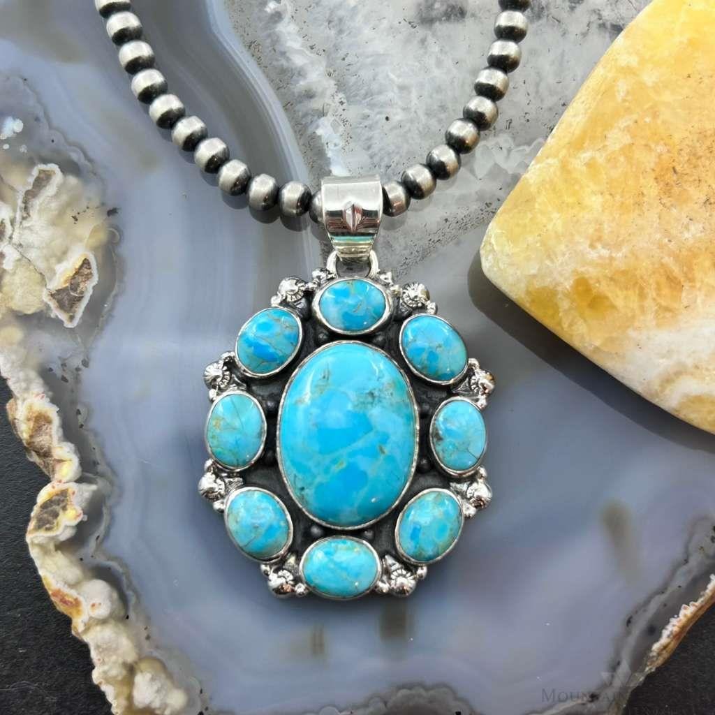 Sterling Silver Southwestern Style Mohave Turquoise Cluster Pendant For Women