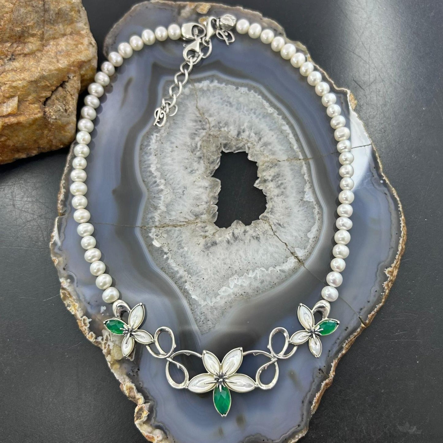 Carolyn Pollack Sterling Silver Freshwater Pearl and Floral 16"-18" Necklace For Women