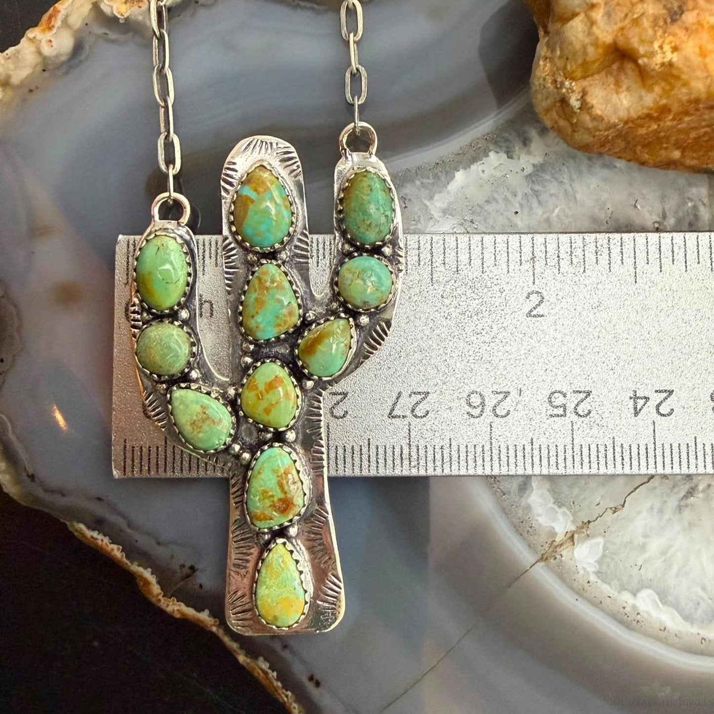Sterling Silver Southwestern Style Green Kingman Turquoise Cactus Pendant Necklace For Women