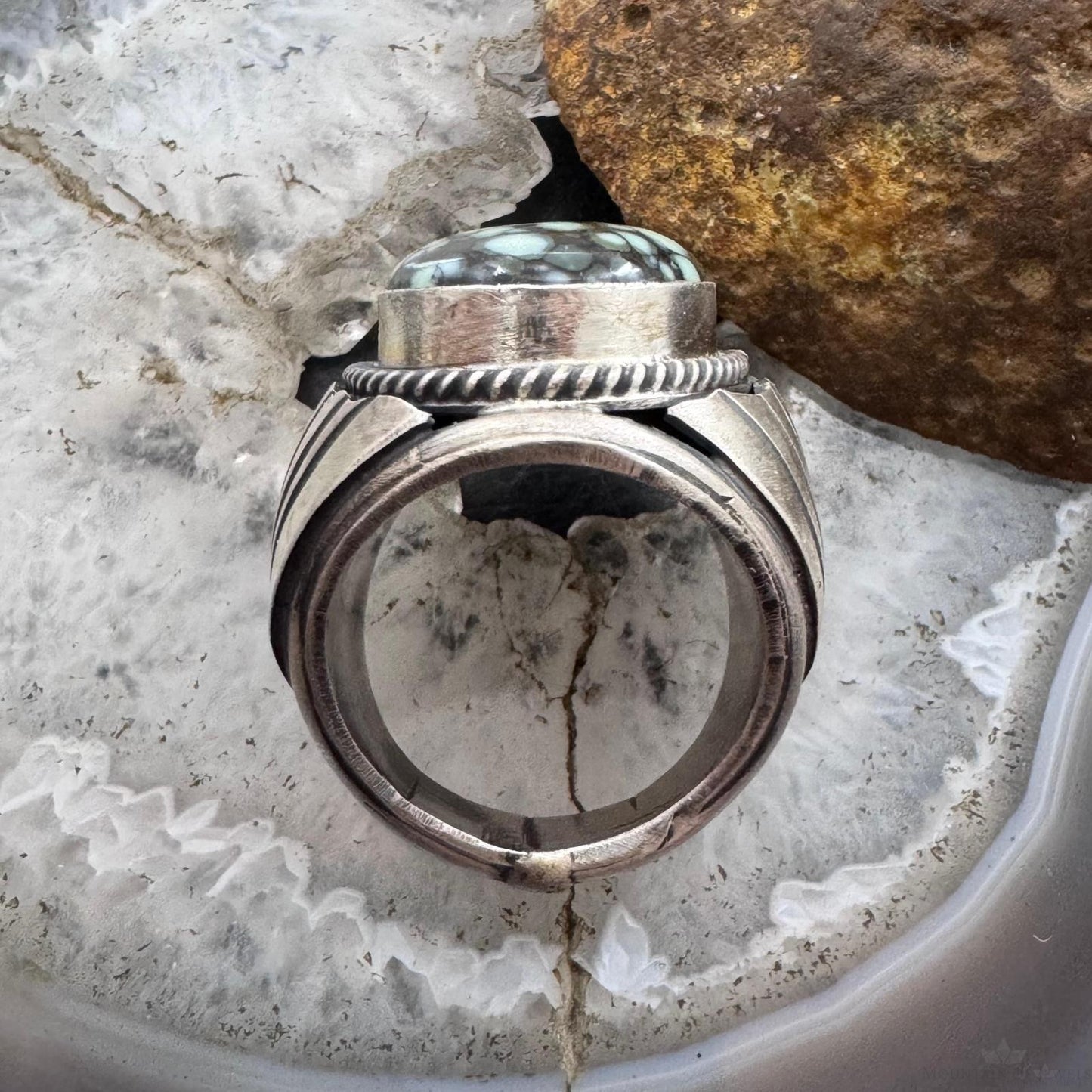 Native American Sterling Silver Oval Lander Turquoise Shield Ring Size 9.5 For Men