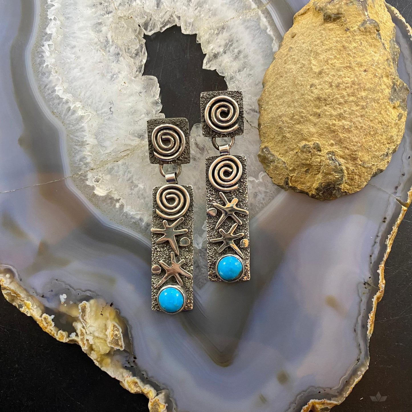 Alex Sanchez Native American Sterling Silver Turquoise Petroglyph Earrings