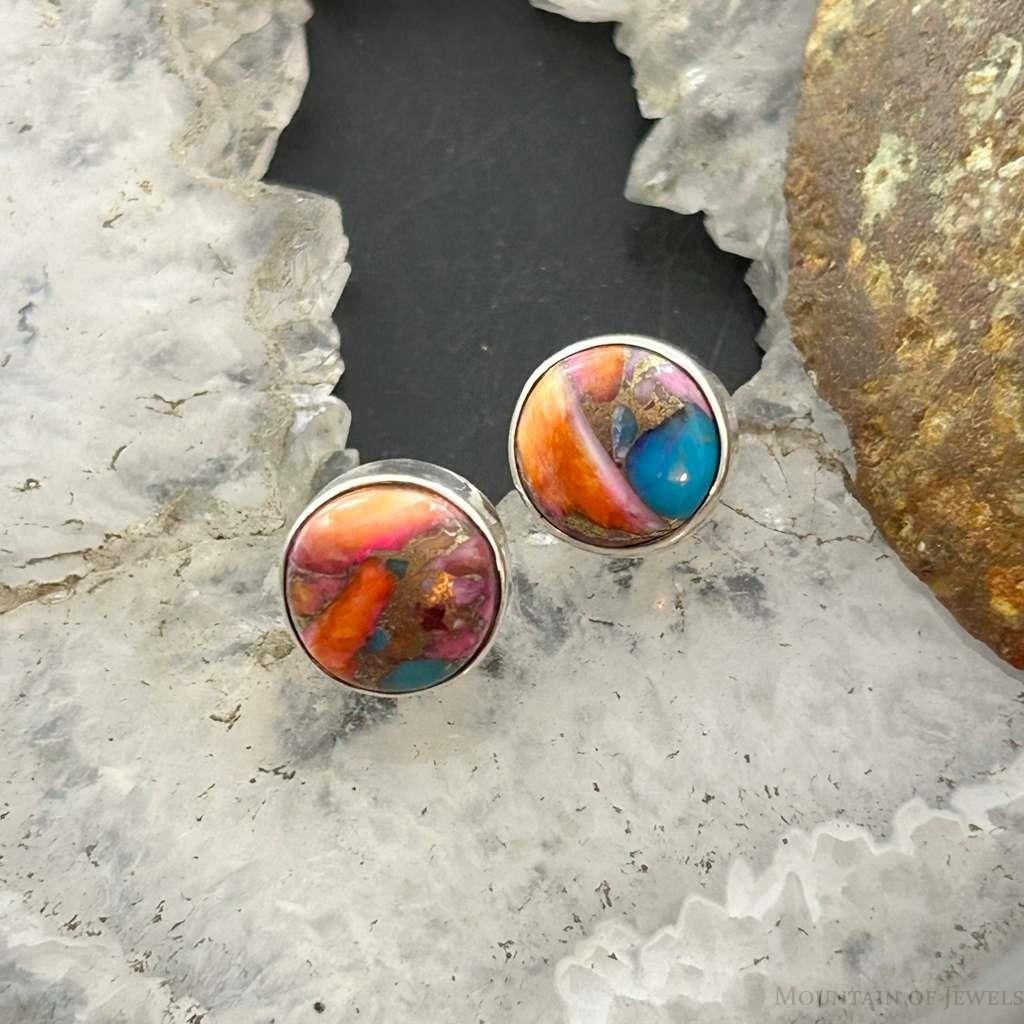 Sterling Silver Southwestern Style Rounded Spiny Oyster Turquoise Stud Earrings