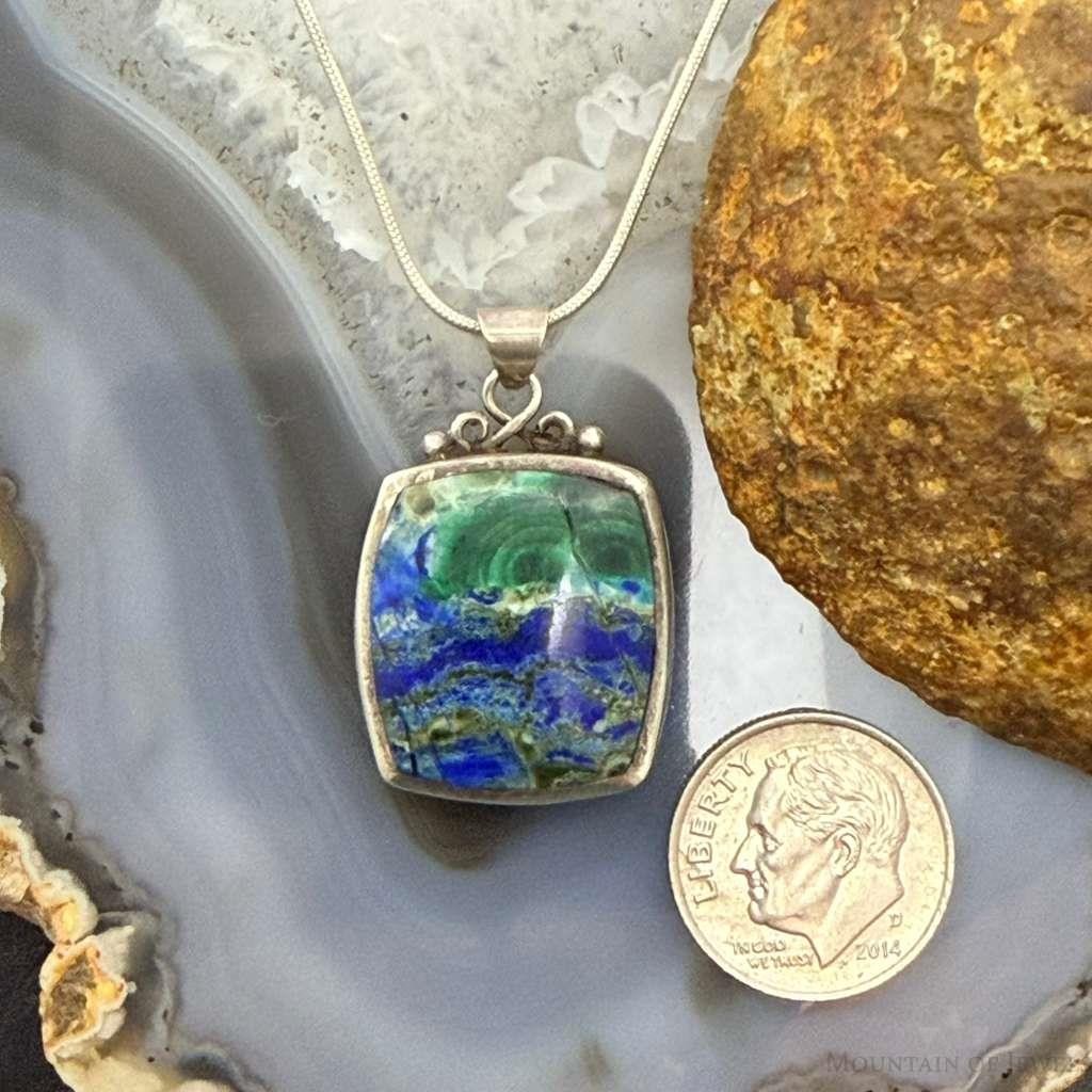 Vintage Sterling Silver square Azurite Malachite Fashion Pendant For Women