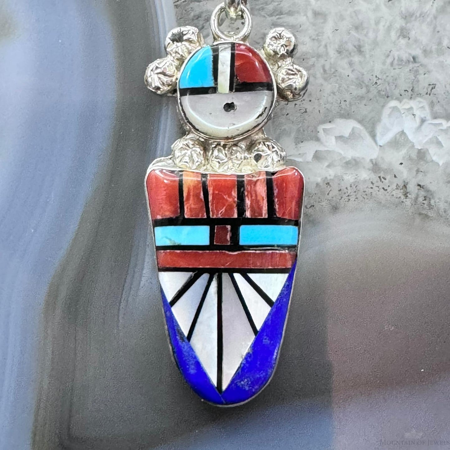 Ola Eriacho Sterling Silver Multistone Inlay Sunface Kachina Pendant With 18" Chain