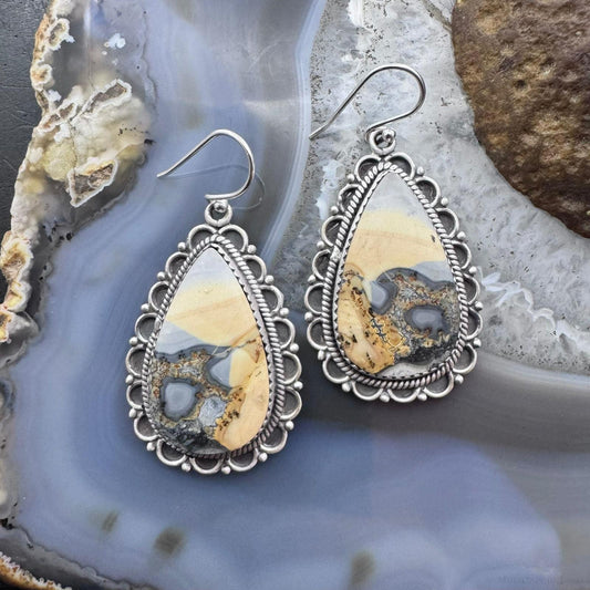 Sterling Silver Southwestern Style Teardrop Maligano Jasper Dangle Earrings For Women