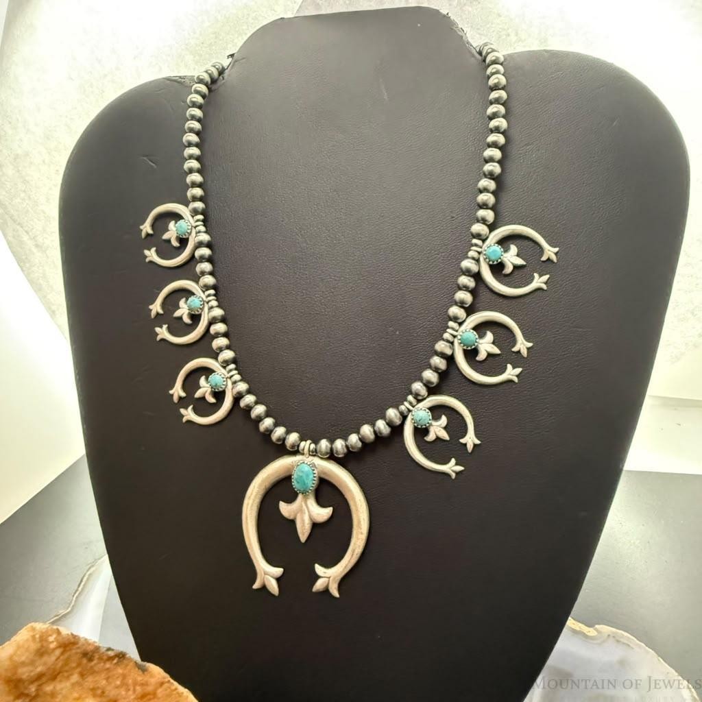 Sterling Southwestern Style 6 Small Naja & Large Naja Squash Blossom Necklace