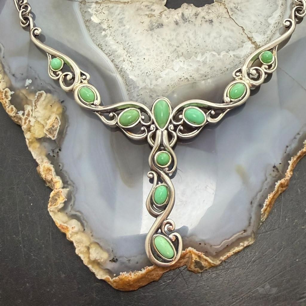 Carolyn Pollack Sterling Silver Round & Oval Variscite w/Enhancer Swirl Necklace For Women