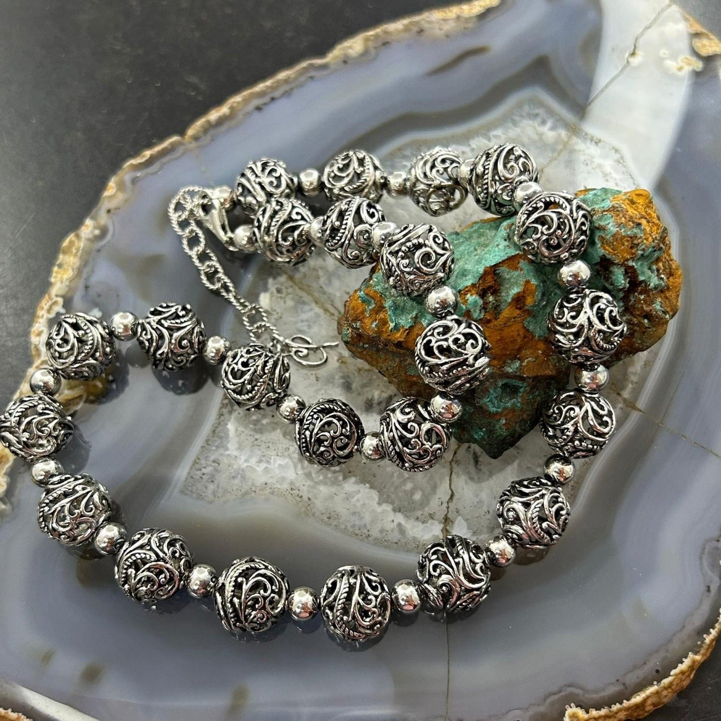 Carolyn Pollack Sterling Silver Decorated Swirl Hallow Beaded Necklace For Women